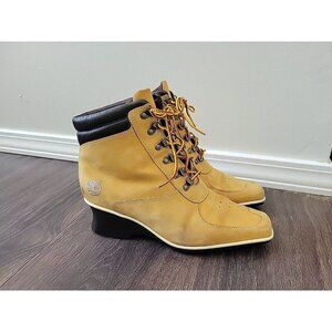 Timberland Wheat Nubuck Leather Wedge Heel Ankle Boot Square Toe Women Size 7.5M